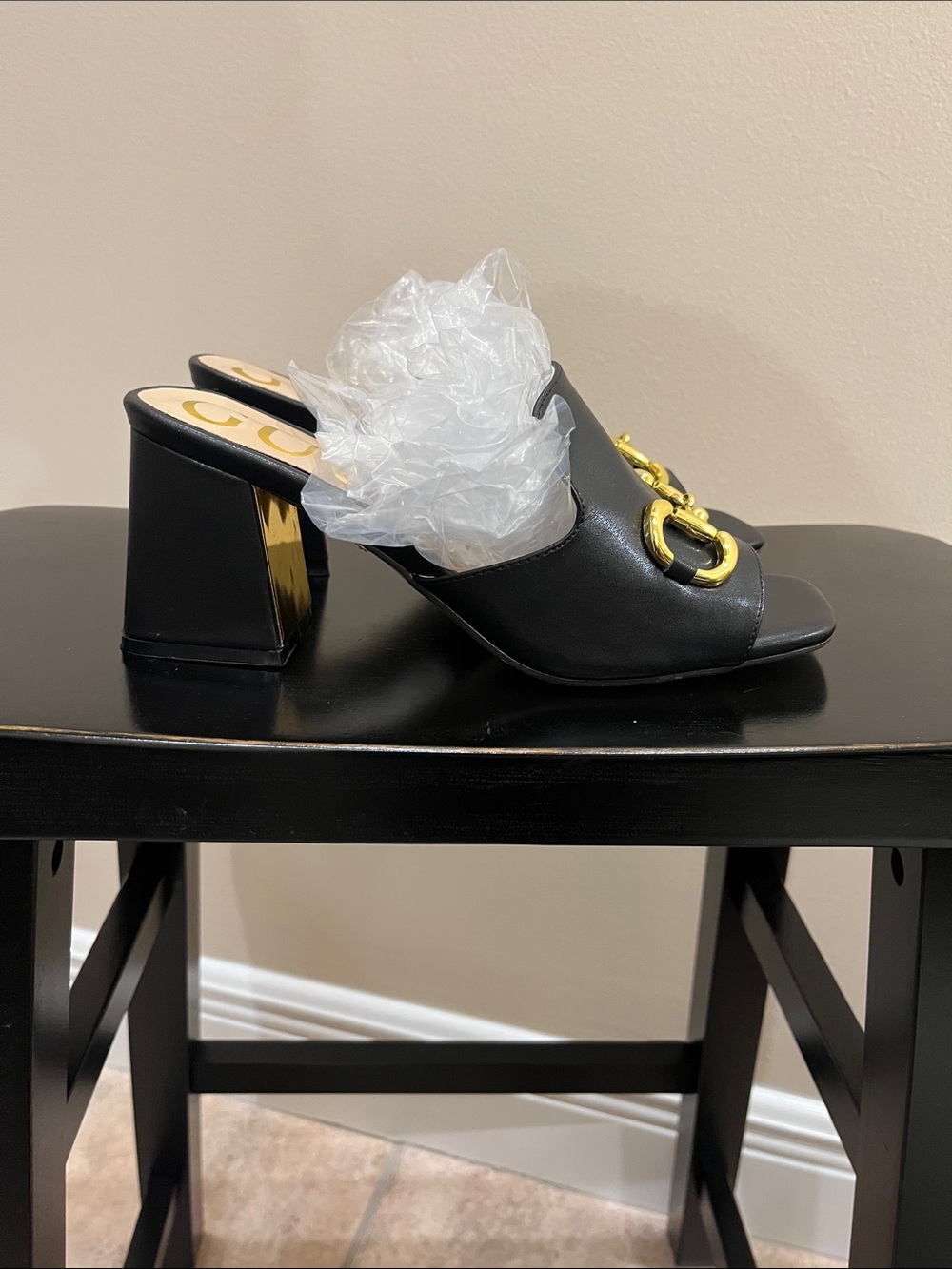 NWT Black Open-Toe Mule with Gold Horsebit Hardware - Picture 3 of 11